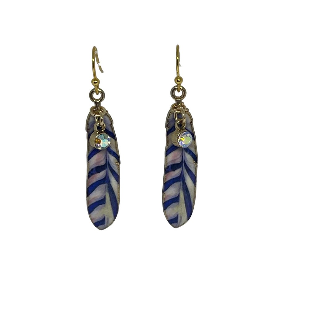 Blue & White Feather Crystal Dangle Earrings - Gold Tone Enamel - Hypoallergenic
